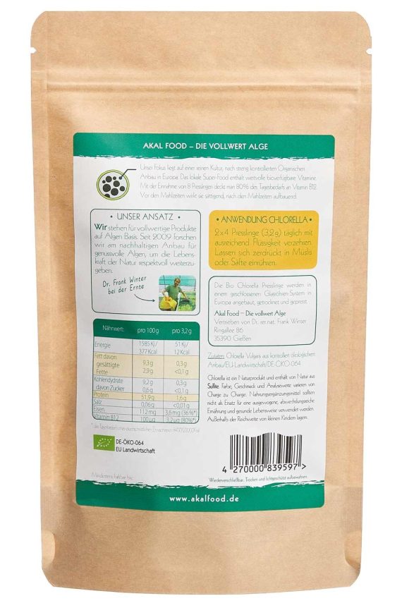 Bio Chlorella Pressling aus Europa Anbau, Beutel Rückseite 300g - 100% Algen von AKAL Food